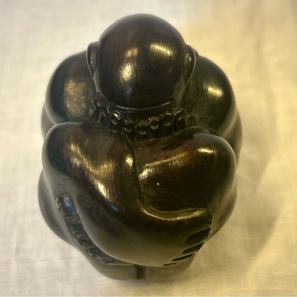 Hand Carved Wooden Weeping Buddha Monk Statue 3” Dark Brown Sculpture